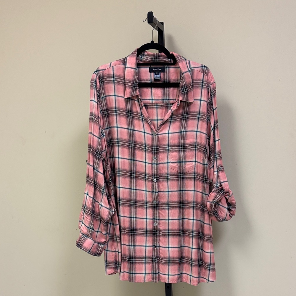 Karen Kane Pink and Black Plaid Button-Down Shirt